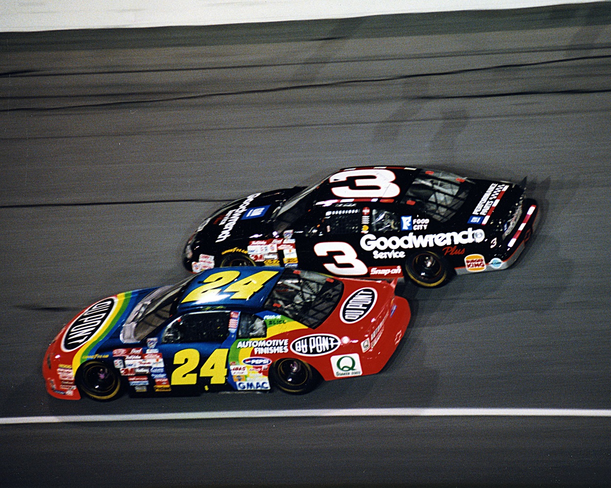 Jeff Gordon and Dale Earnhardt Sr. battle in a 1997 NASCAR Cup Series race
