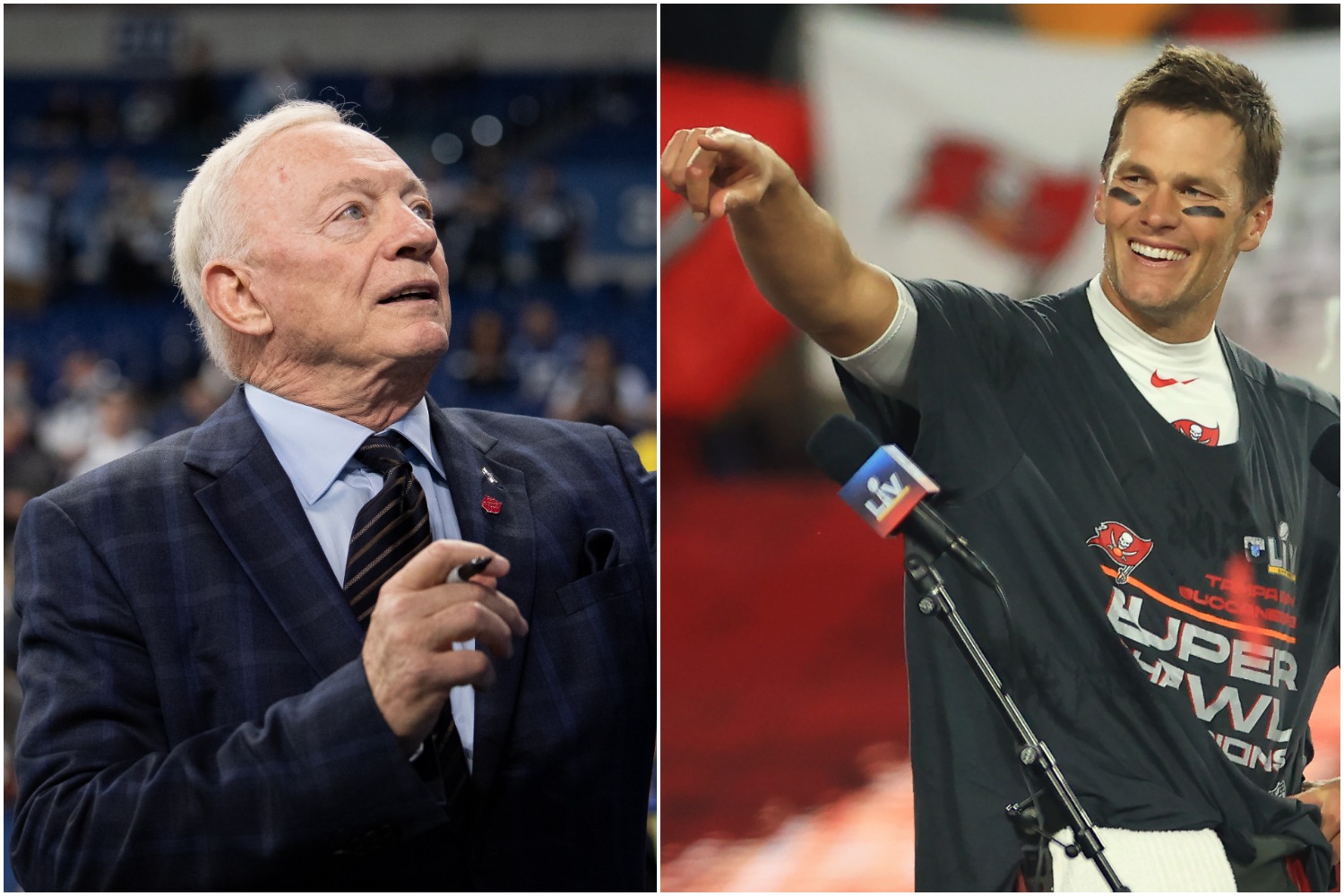 Jerry Jones looks to the crowd as Tom Brady points on stage after Super Bowl 55.