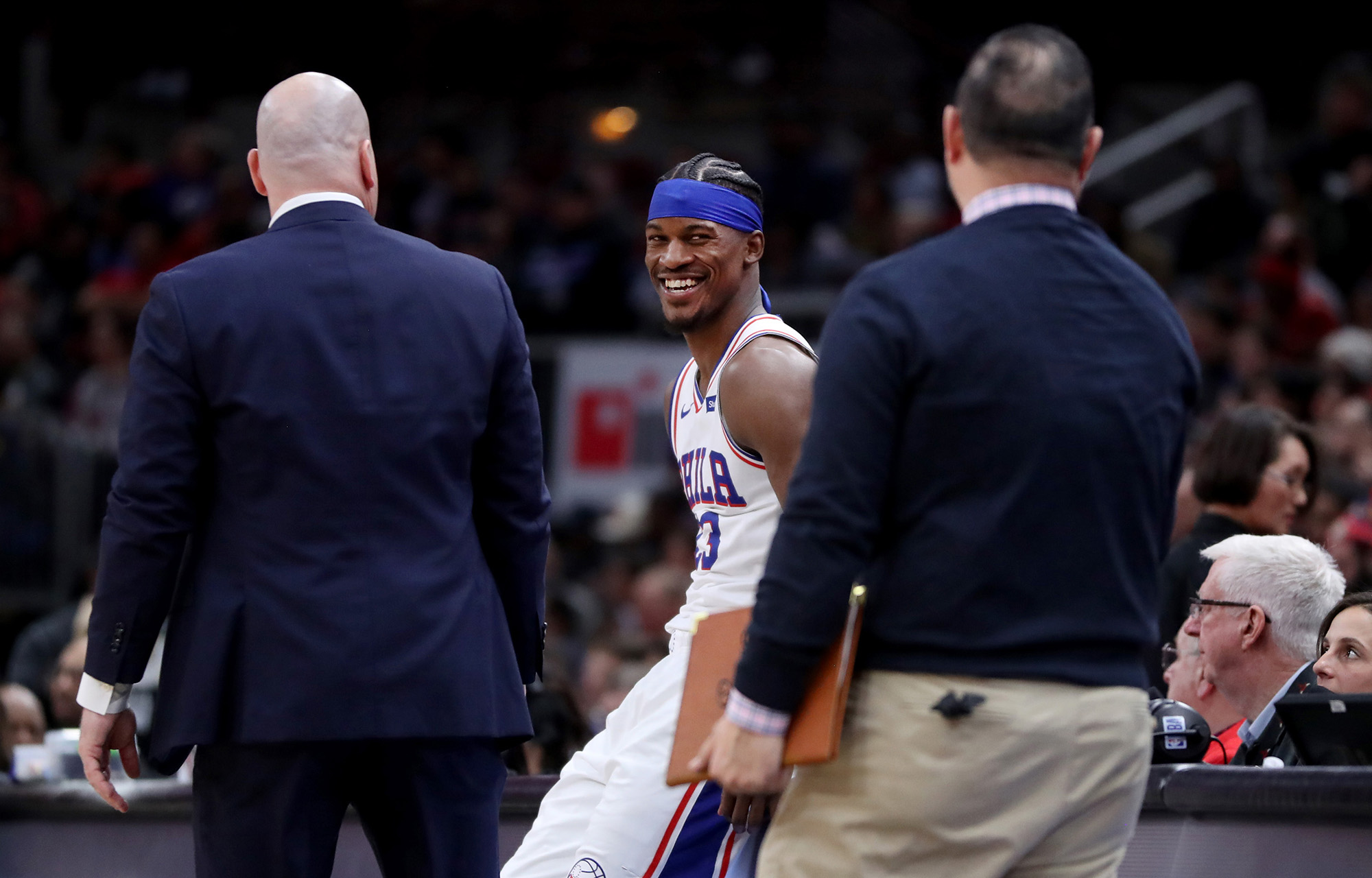 The Philadelphia 76ers' Jimmy Butler has a laugh
