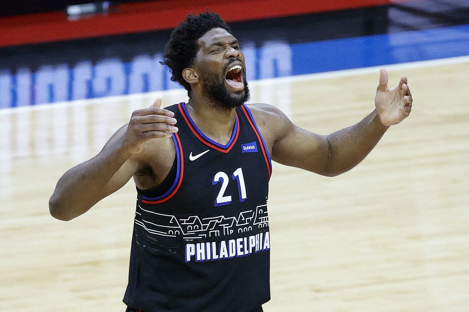 Joel Embiid of the Philadelphia 76ers celebrates against the Washington Wizards during Game 2 of the NBA Eastern Conference quarterfinals.