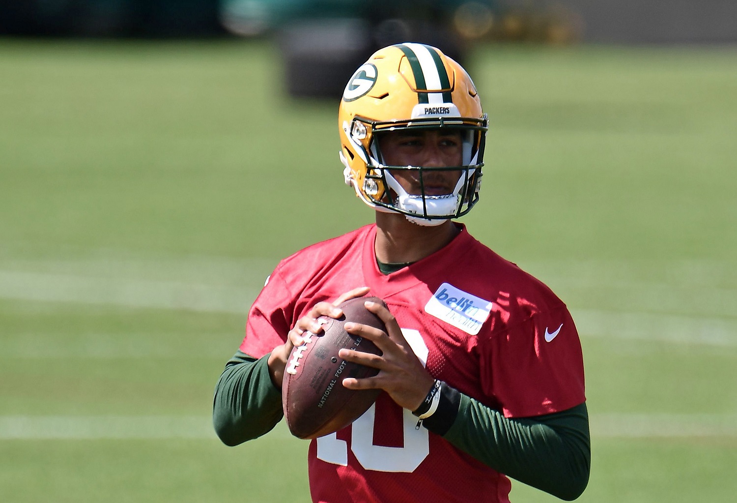 Jordan Love of the Green Bay Packers works out during training camp at Ray Nitschke Field on Aug. 17, 2020, in Ashwaubenon, Wisconsin.