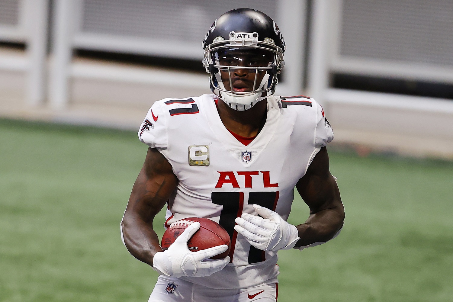 Atlanta Falcons receiver Julio Jones reacts after scoring a touchdown against the Denver Broncos on Nov. 8, 2020.