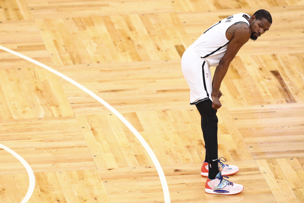 Kevin Durant of the Brooklyn Nets looks on during Game Three of the Eastern Conference first round series against the Boston Celtics at TD Garden on May 28, 2021 in Boston, Massachusetts.