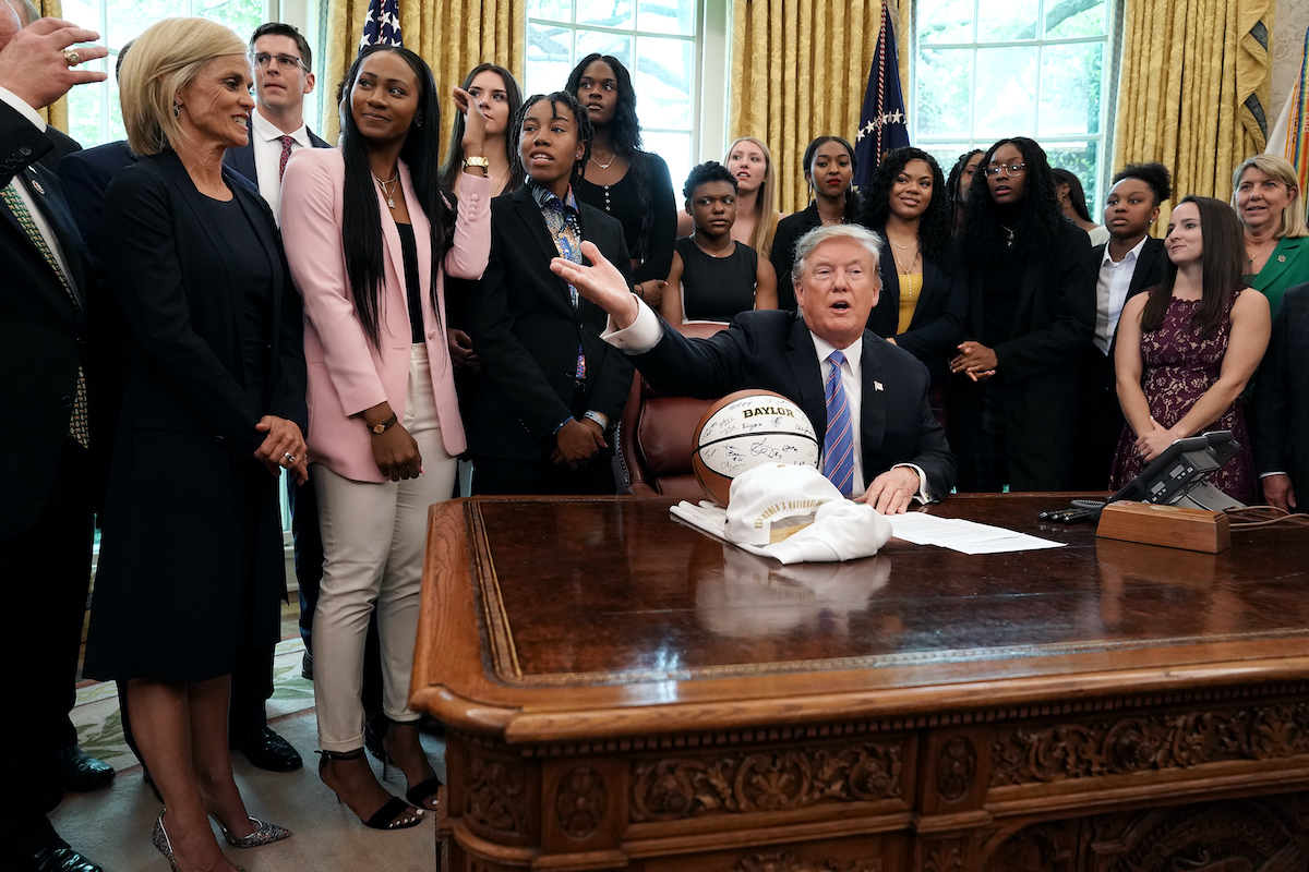 Kim Mulkey and the Baylor women’s NCAA championship basketball team visit U.S. President Donald Trump in the Oval Office at the White House April 29, 2019 in Washington, DC. U.S. President Donald Trump hosts Coach Kim Mulkey and the Baylor women’s NCAA championship basketball team visit in the Oval Office at the White House April 29, 2019 in Washington, DC.