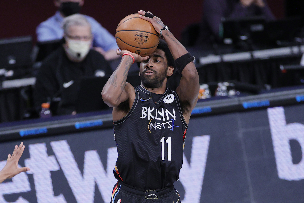 Kyrie Irving of the Brooklyn Nets takes a shot during the first half against the Cleveland Cavaliers at Barclays Center on May 16, 2021 in the Brooklyn borough of New York City.