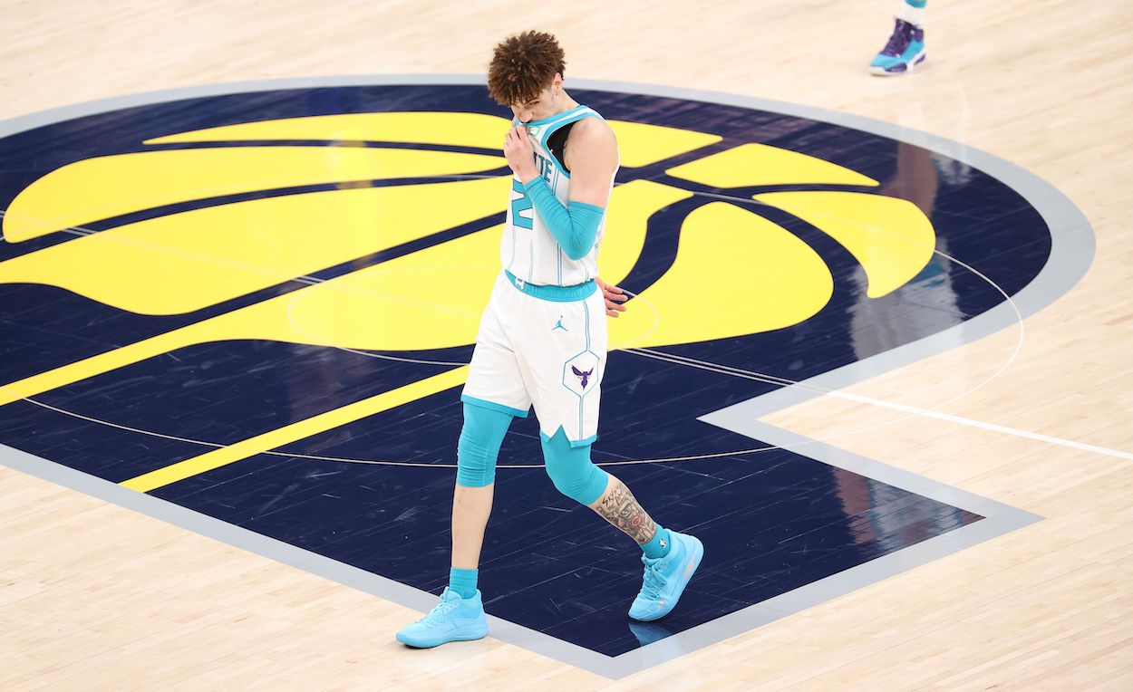 LaMelo Ball of the Charlotte Hornets reacts after a turnover against the Indiana during the 2021 NBA Play-In Tournament at Bankers Life Fieldhouse on May 18, 2021 in Indianapolis, Indiana.