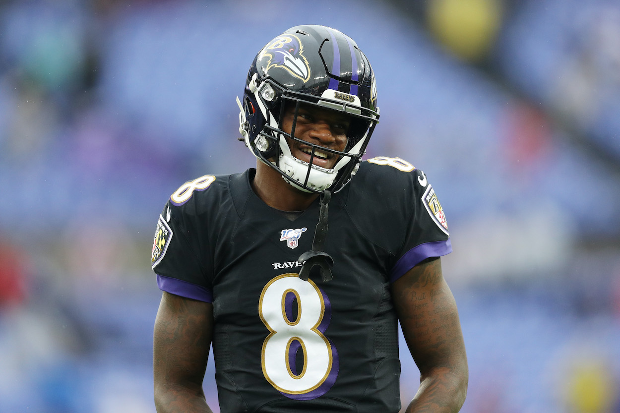 Lamar Jackson of the Baltimore Ravens looks on before the game against the San Francisco 49ers on December 01, 2019 in Baltimore, Maryland.