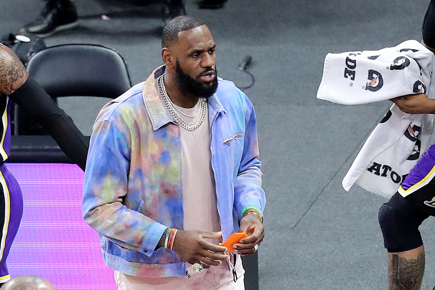 Los Angeles Lakers star LeBron James looks on during a game against the Orlando Magic at Amway Center on April 26, 2021 in Orlando, Florida.