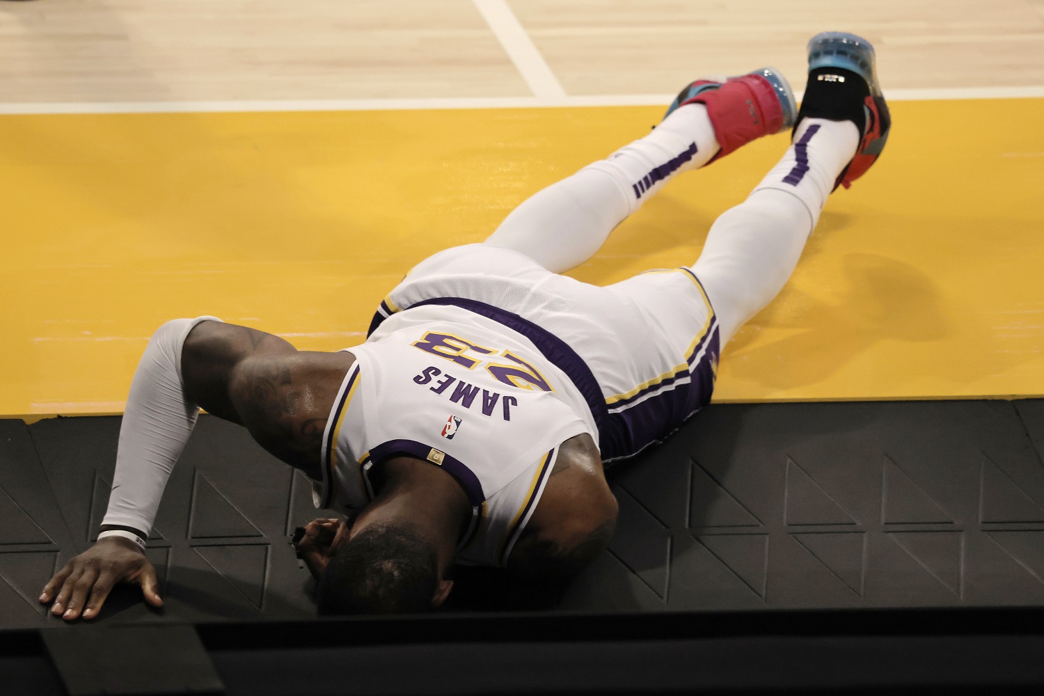 Los Angeles Lakers star LeBron James reacts to an his injury during a game against the Atlanta Hawks on March 20, 2021.