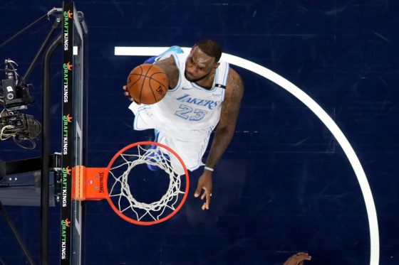 LeBron James drives to the basket for the Lakers in a May 2021 matchup with the Pacers