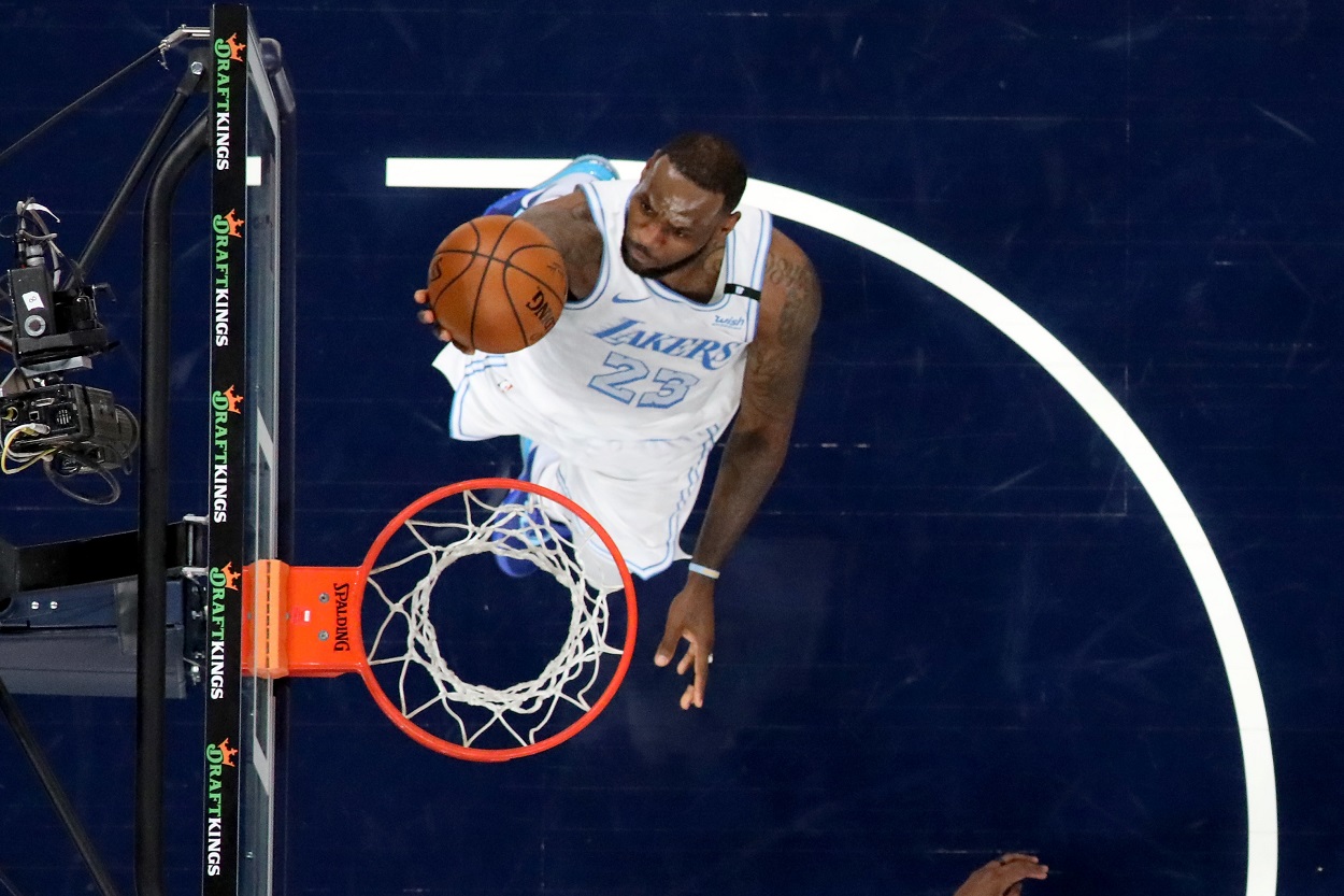 LeBron James drives to the basket for the Lakers in a May 2021 matchup with the Pacers