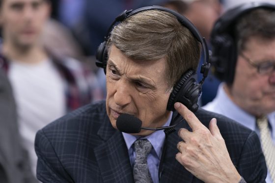 Marv Albert prepares before an NBA game between the Brooklyn Nets and Philadelphia 76ers on Feb. 20, 2020.