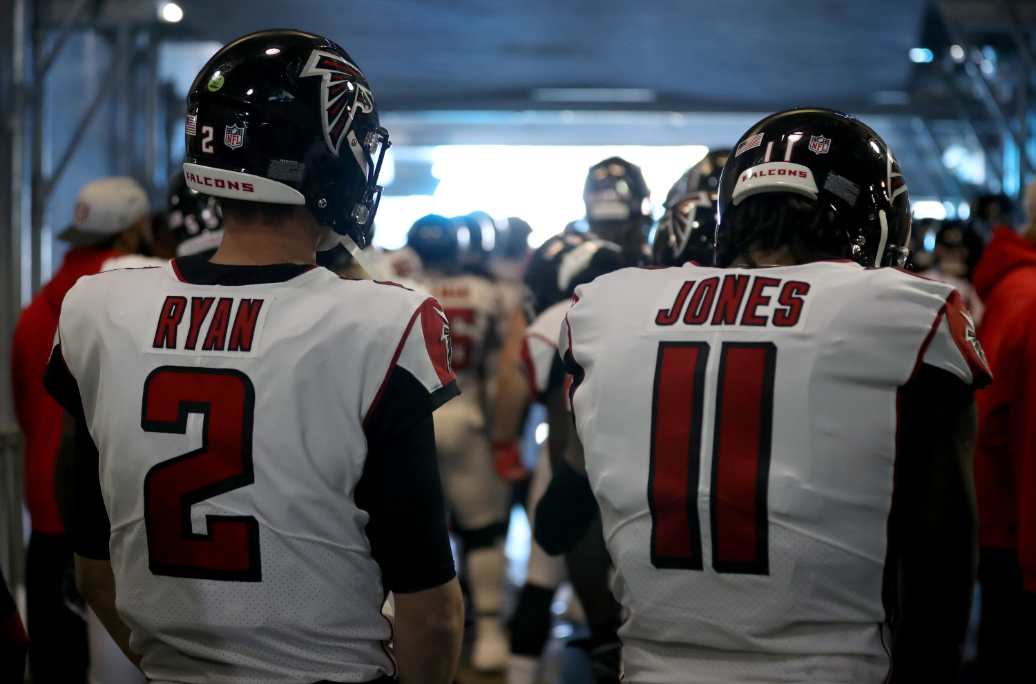 Atlanta Falcons stars Matt Ryan and Julio Jones wait to take the field against the Carolina Panthers.