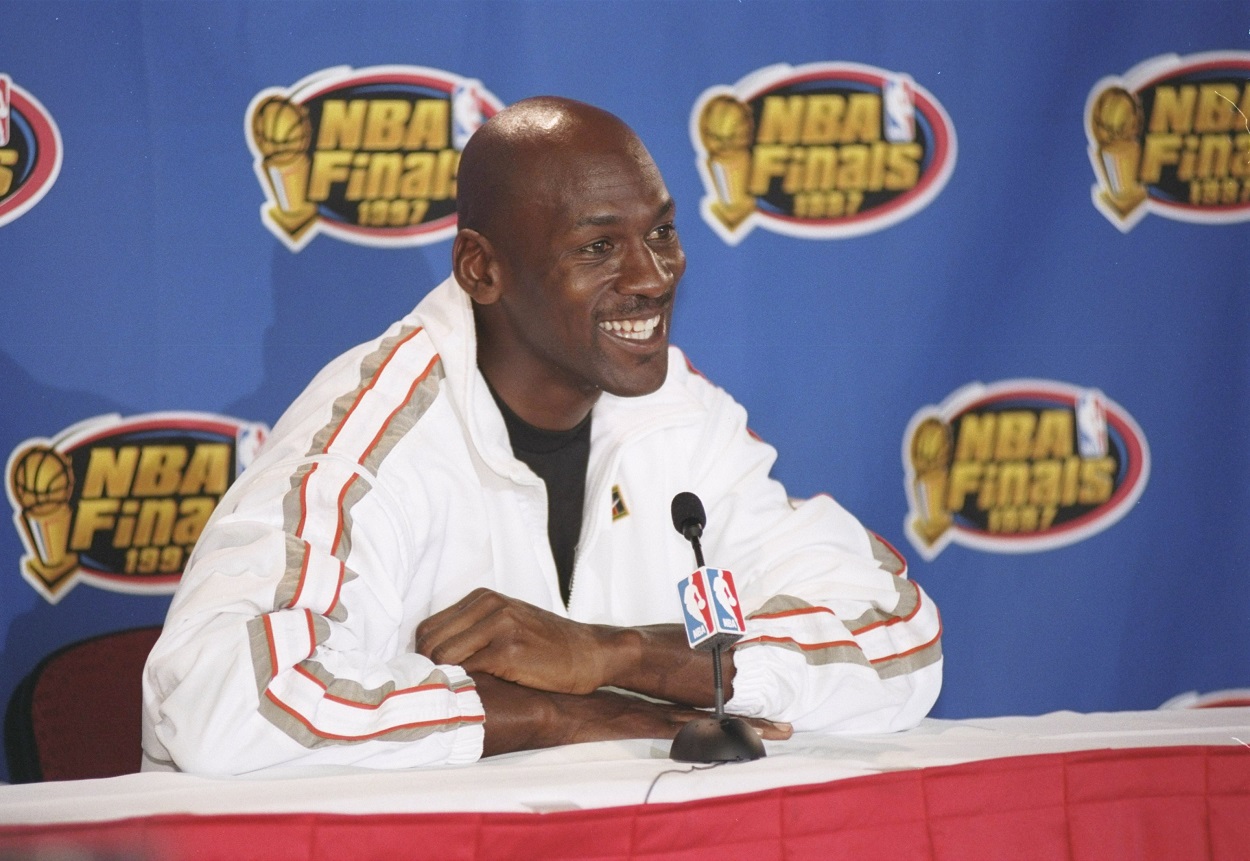 Michael Jordan speaks at a press conference during the 1997 NBA Finals