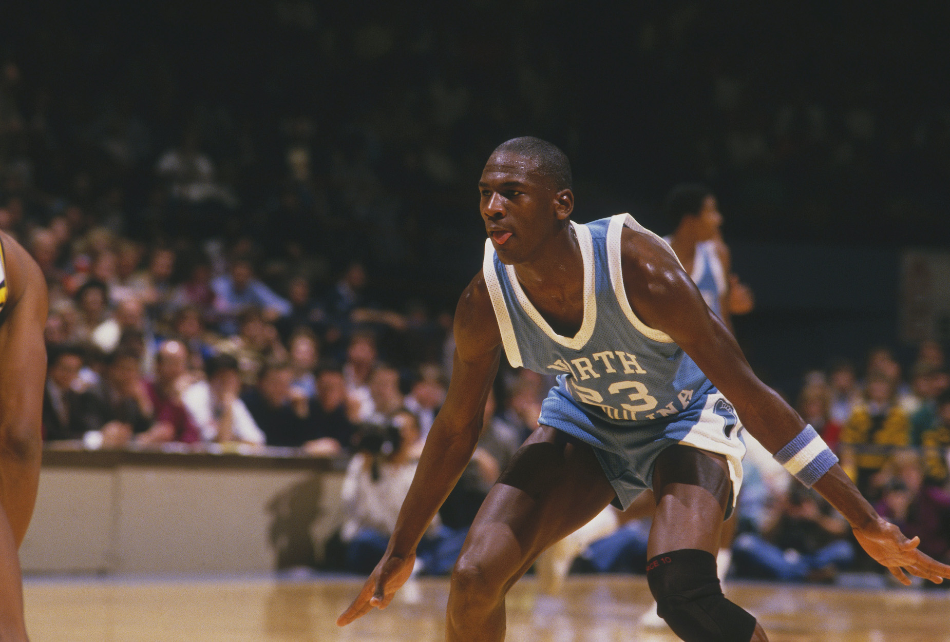 A young Michael Jordan plays defense for the University of North Carolina.