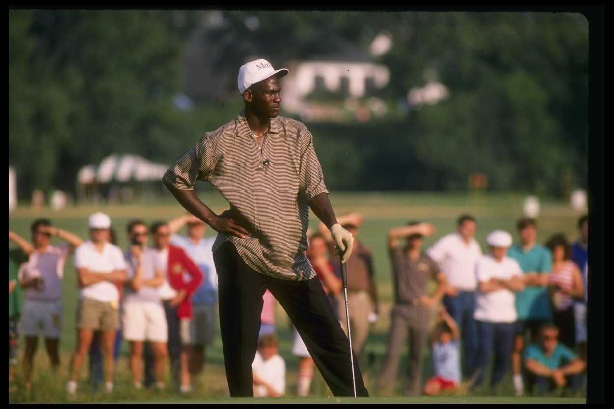 Michael Jordan of the Chicago Bulls golfs in 1989