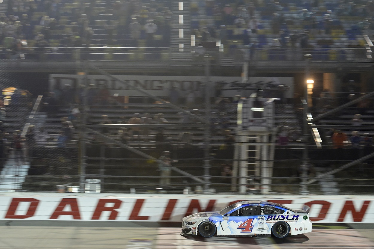 Kevin Harvick crosses the finish line at Darlington Raceway to win the 2020 NASCAR Cup Series Cook Out Southern 500