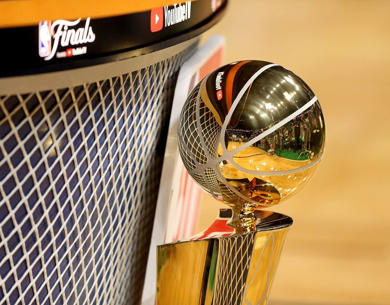 A general view of the NBA championship trophy