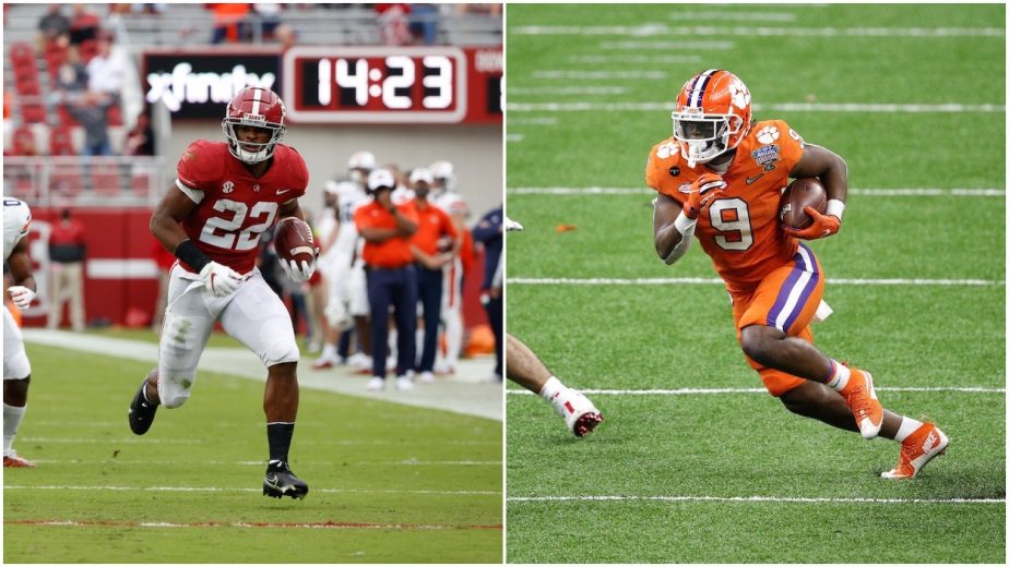 (L-R) Najee Harris of the Alabama Crimson Tide runs the ball against the Auburn; : Travis Etienne of the Clemson Tigers carries the ball against the Ohio State Buckeyes.