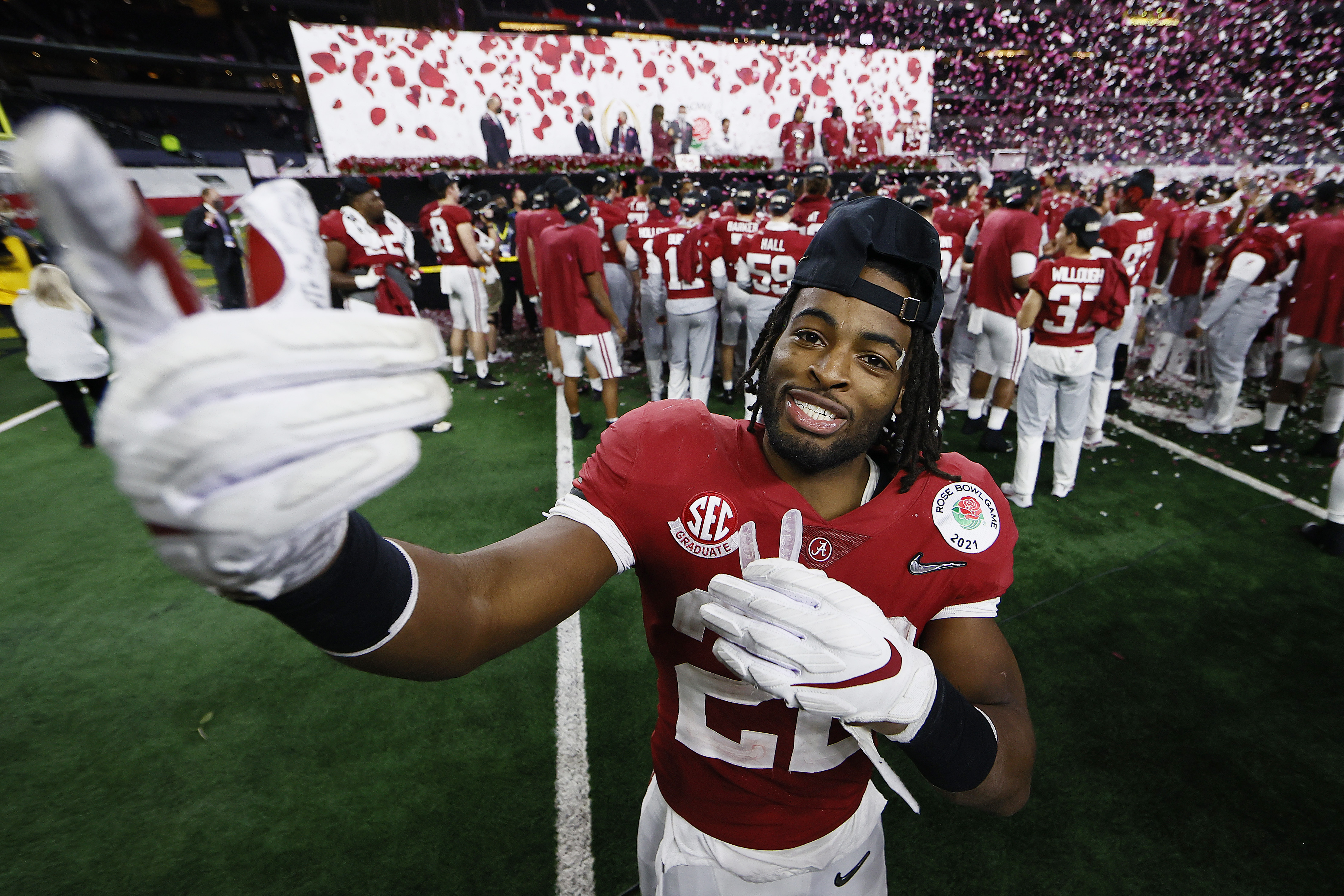 New Pittsburgh Steeler Najee Harris of the Alabama Crimson Tide celebrates after defeating the Notre Dame Fighting Irish 31-14 in the 2021 College Football Playoff Semifinal Game at the Rose Bowl Game on January 01, 2021 in Arlington, Texas.