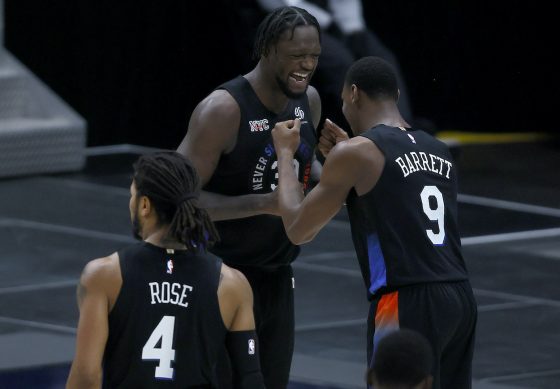 Derrick Rose, Julius Randle, and RJ Barrett of the New York Knicks