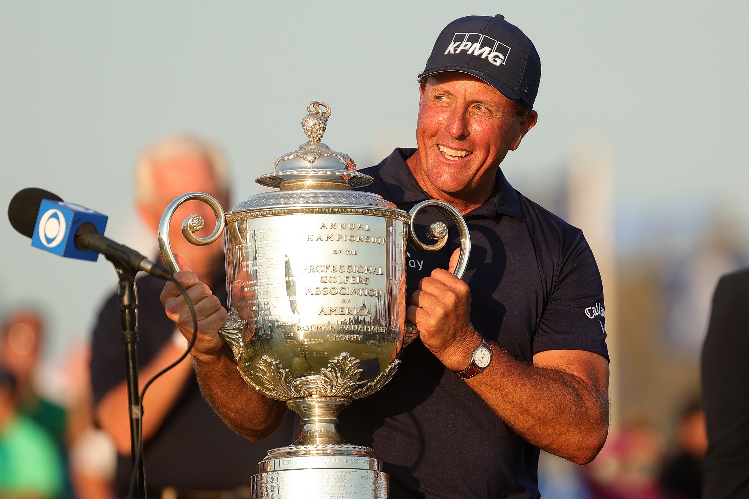 Phil Mickelson celebrates with the Wanamaker Trophy after winning the 2021 PGA Championship at Kiawah Island Golf Resort.