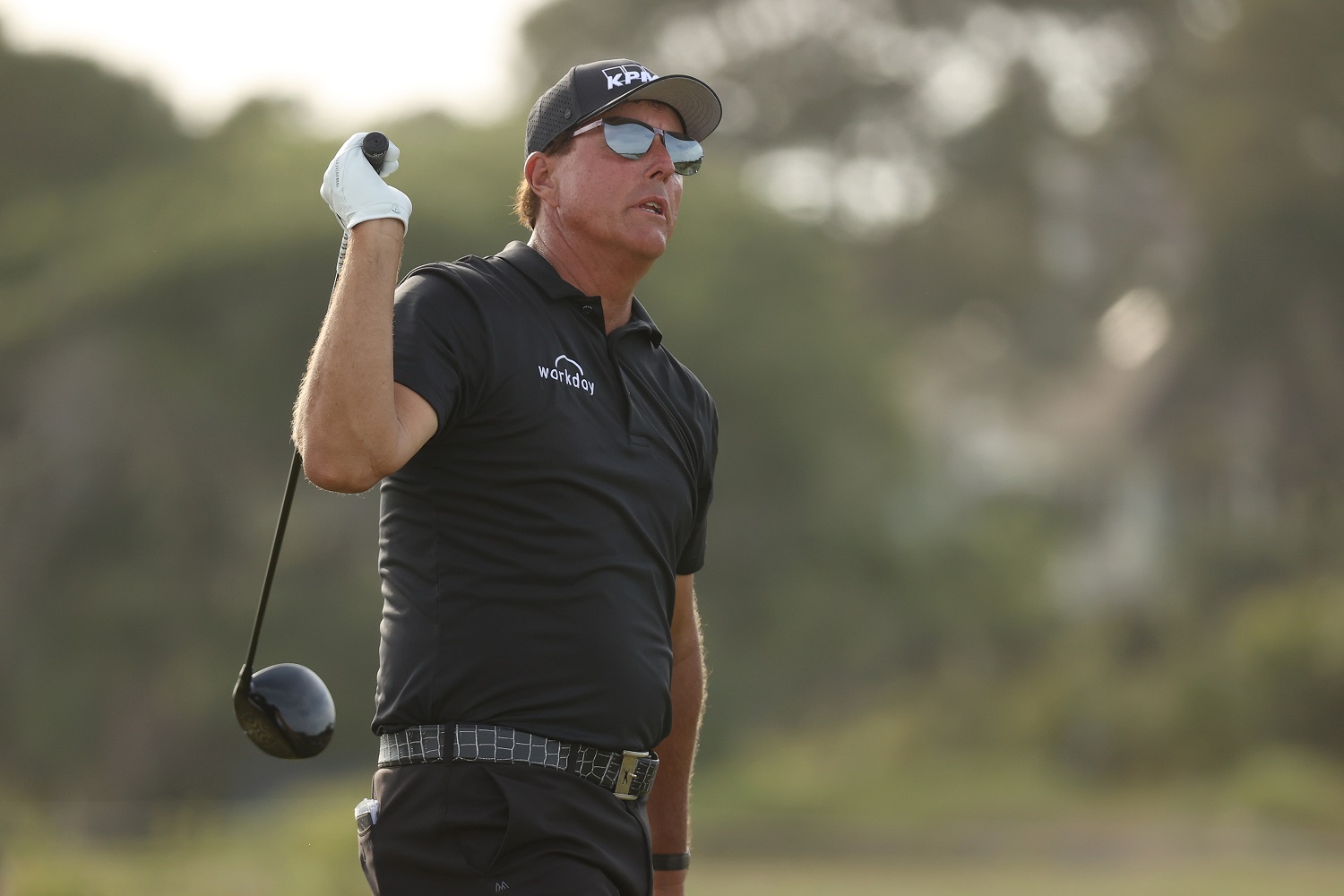 Phil Mickelson plays his shot from the 16th tee during the third round of the 2021 PGA Championship at Kiawah Island Resort's Ocean Course on May 22, 2021.