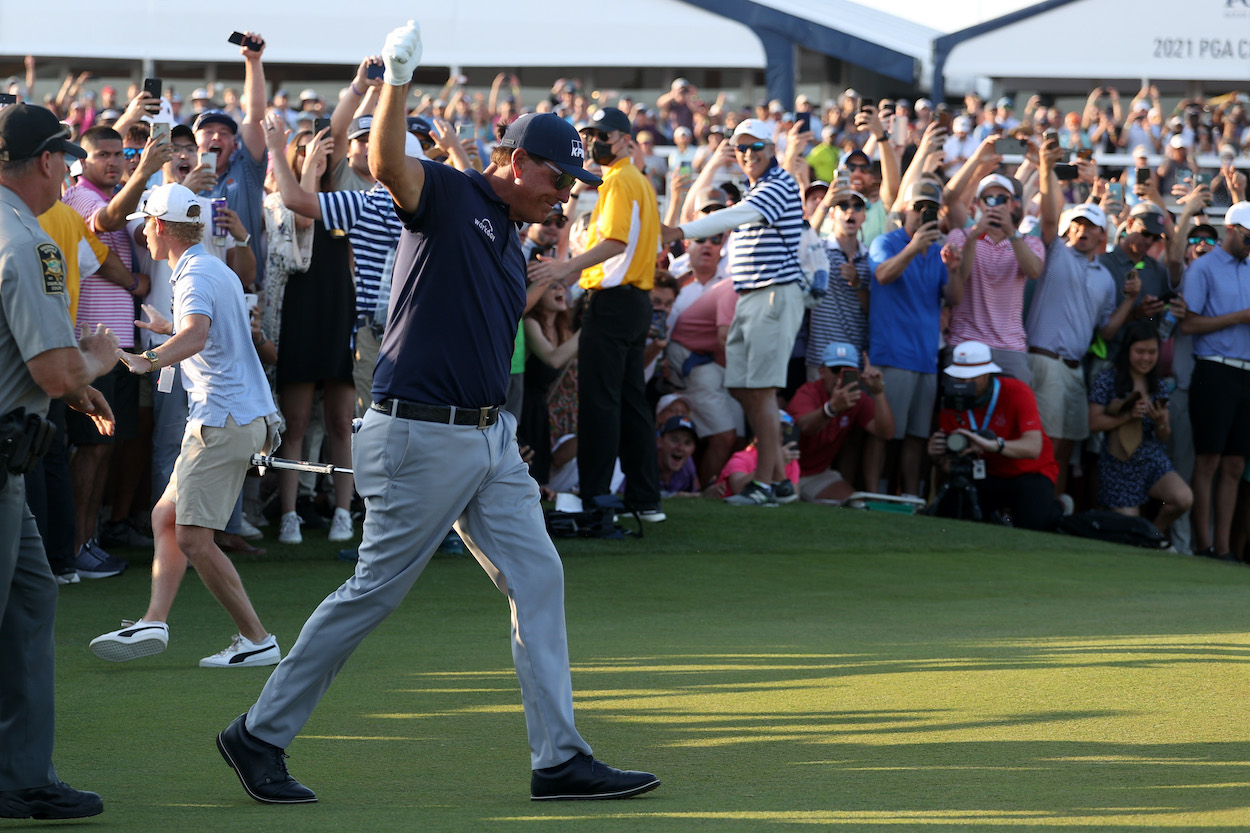 While Phil Mickelson was plodding his way to a historic victory at the PGA Championship, his mom was even more nervous than he was.