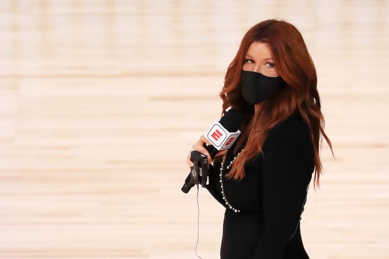 Rachel Nichols of ESPN stands on court