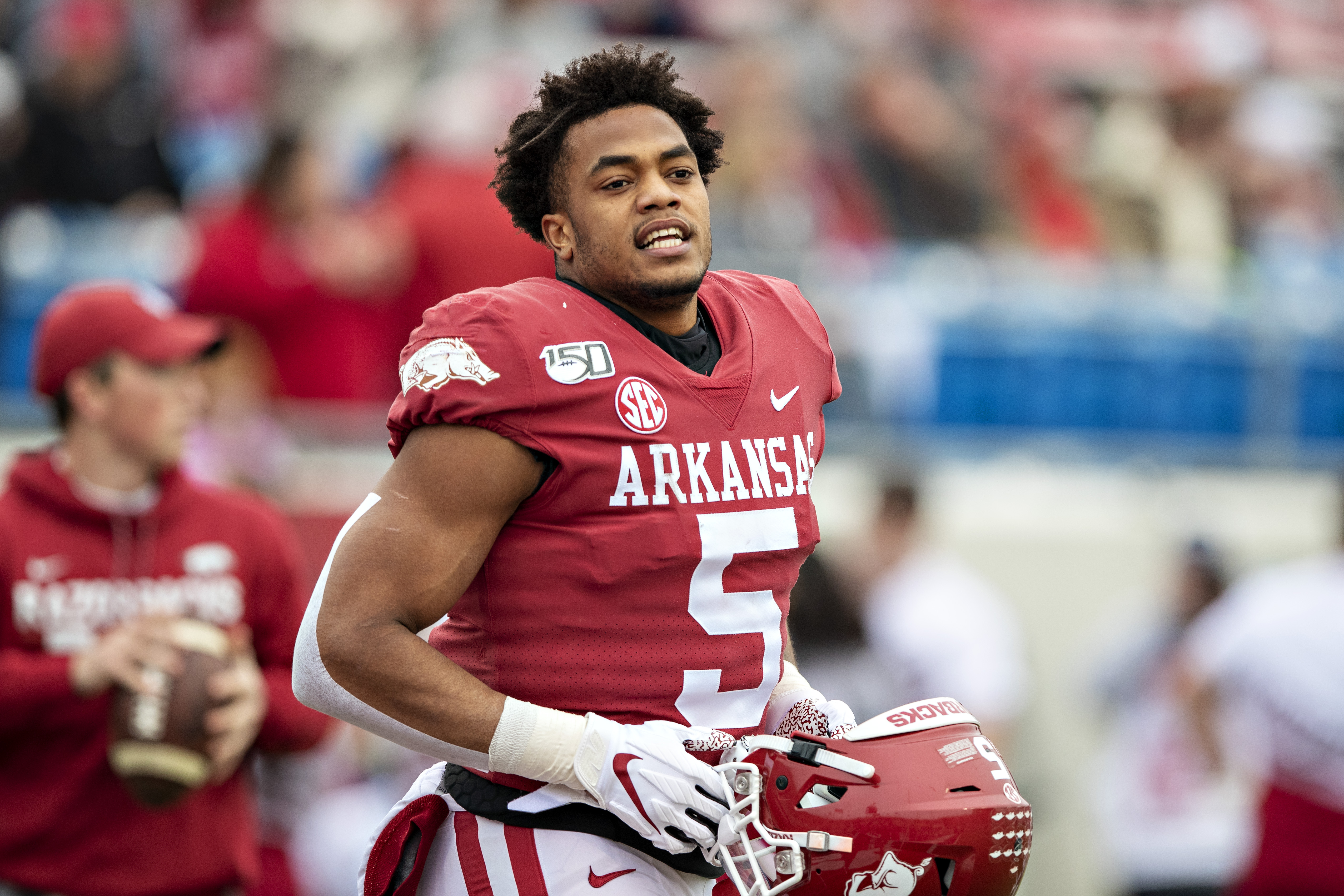 Rakeem Boyd of the Arkansas Razorbacks warms up before a game against the Missouri Tigers at War Memorial Stadium on November 29, 2019 in Little Rock, Arkansas.