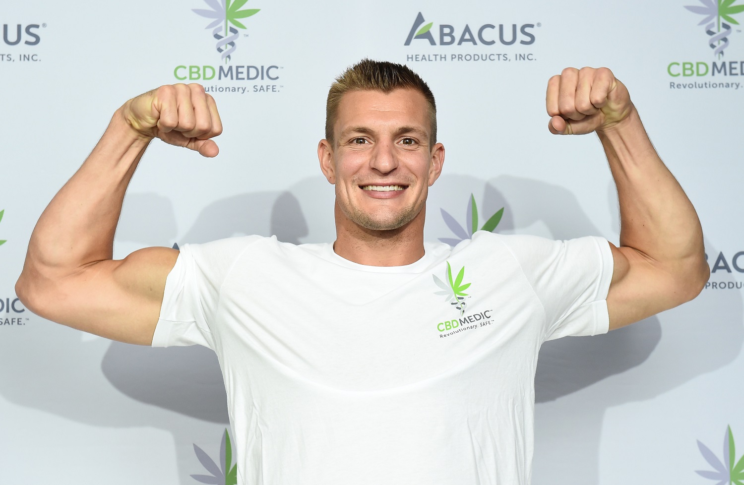 Rob Gronkowski announces his partnership with Abacus Health Products on Aug. 27, 2019, in New York City.