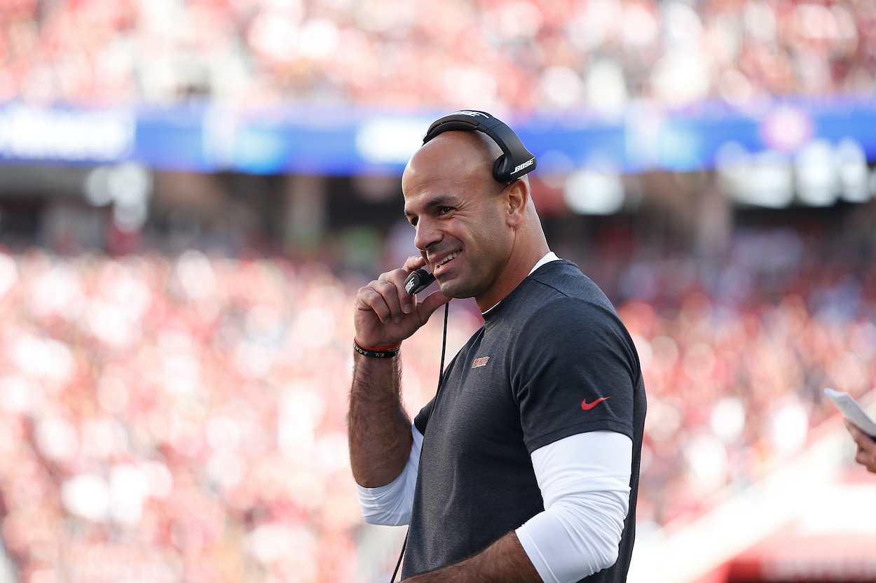 New York Jets head coach and former San Francisco 49ers defensive coordinator Robert Saleh looks on from the sideline in the second half against the Carolina Panthers at Levi's Stadium on October 27, 2019 in Santa Clara, California.