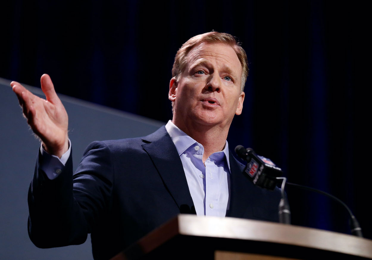 NFL Commissioner Roger Goodell speaks during a press conference during Super Bowl LIII Week at the NFL Media Center inside the Georgia World Congress Center on January 30, 2019 in Atlanta, Georgia.