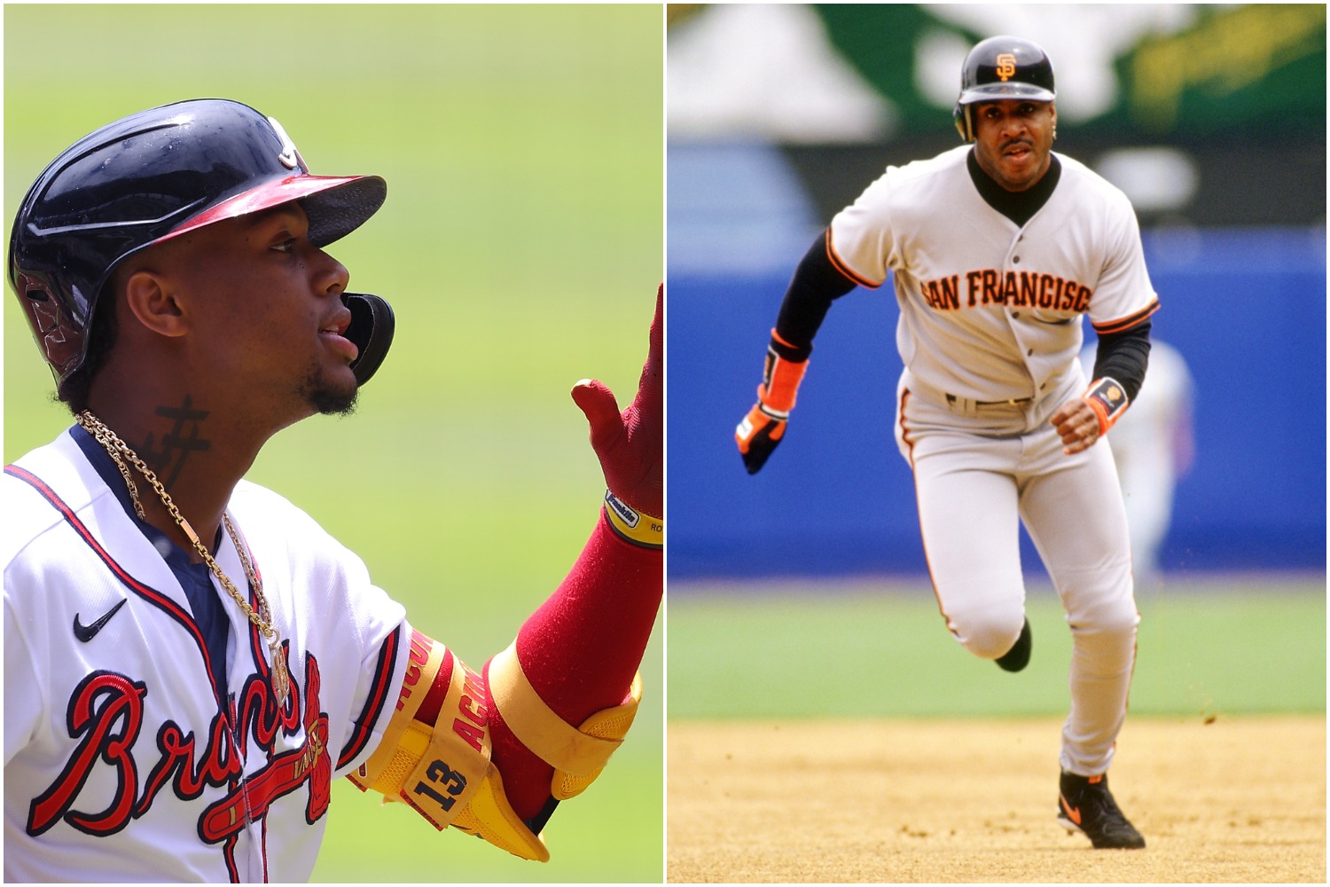 Ronald Acuna Jr. celebrates hitting a home run as Barry Bonds heads for third base.