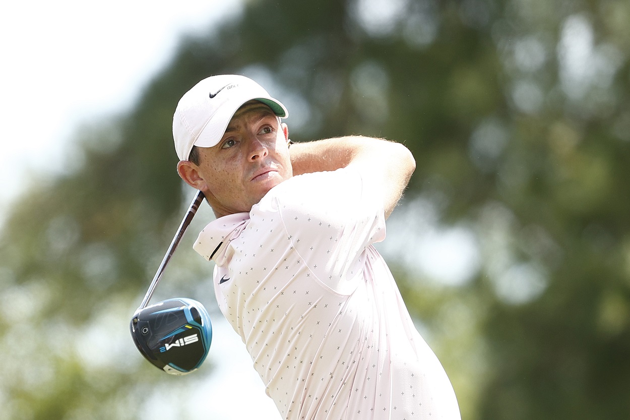 Rory McIlroy tees off during the final round of the 2021 PGA Tour Wells Fargo Championship