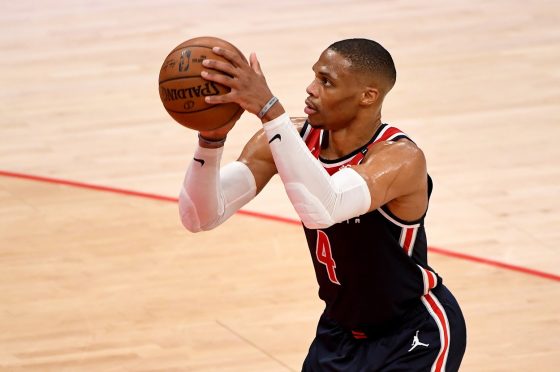 All-time NBA triple-double leader Russell Westbrook shoots during a Wizards-Pacers matchup in May 2021