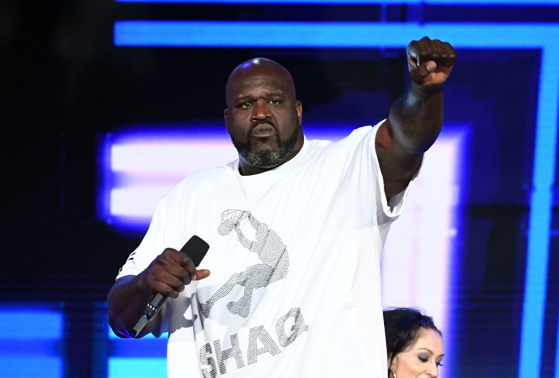 Shaquille O'Neal on stage during the 2019 NBA Awards.