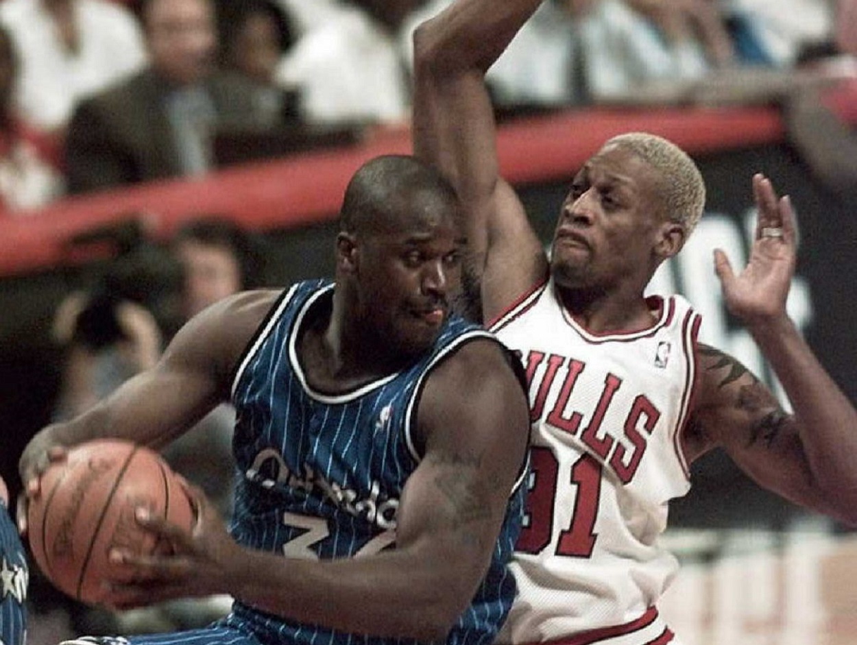 Shaquille O'Neal and Dennis Rodman battle during the 1996 Eastern Conference Finals