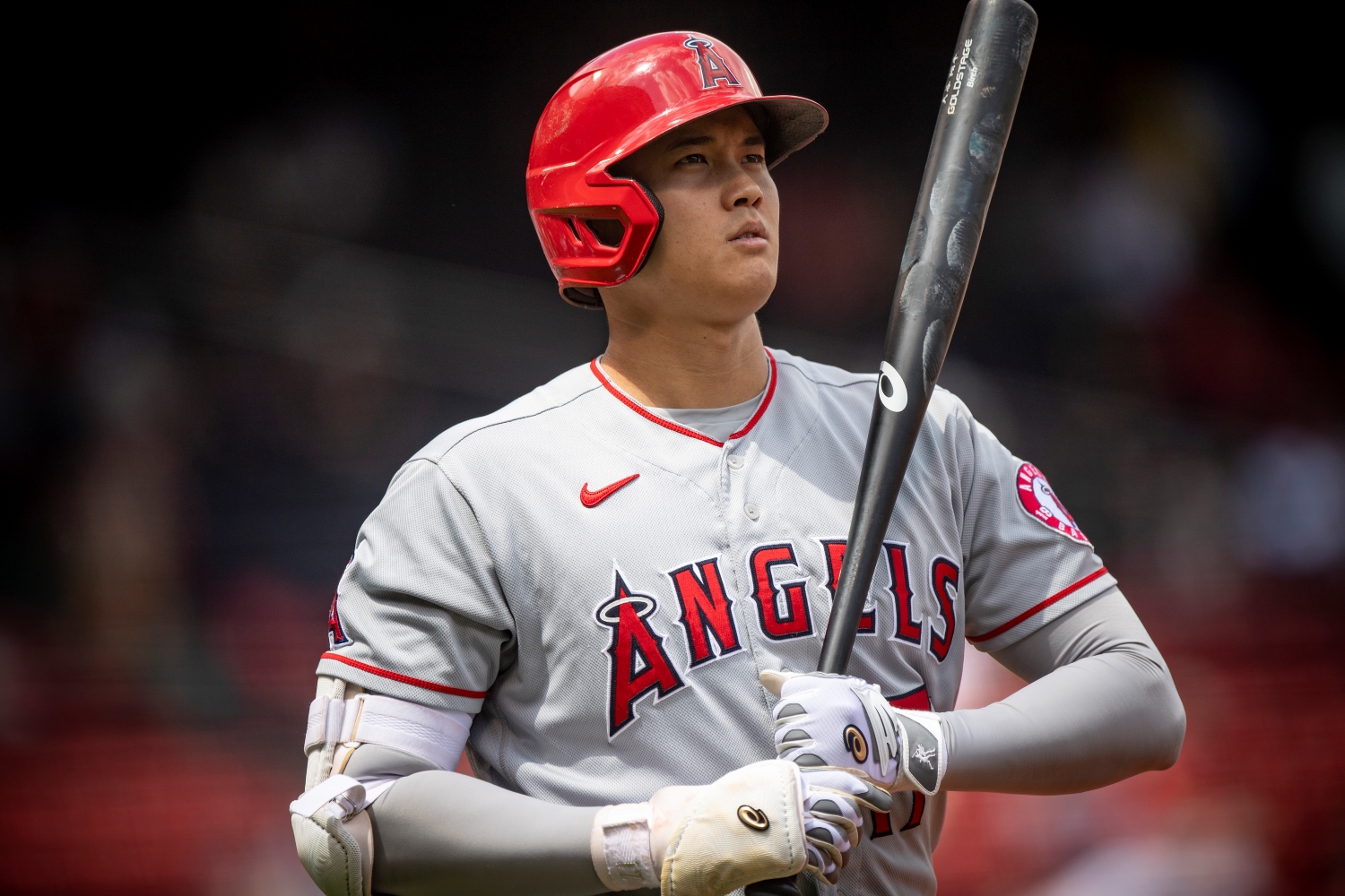 Shohei Ohtani looks on during the first inning of a game against the Boston Red Sox.