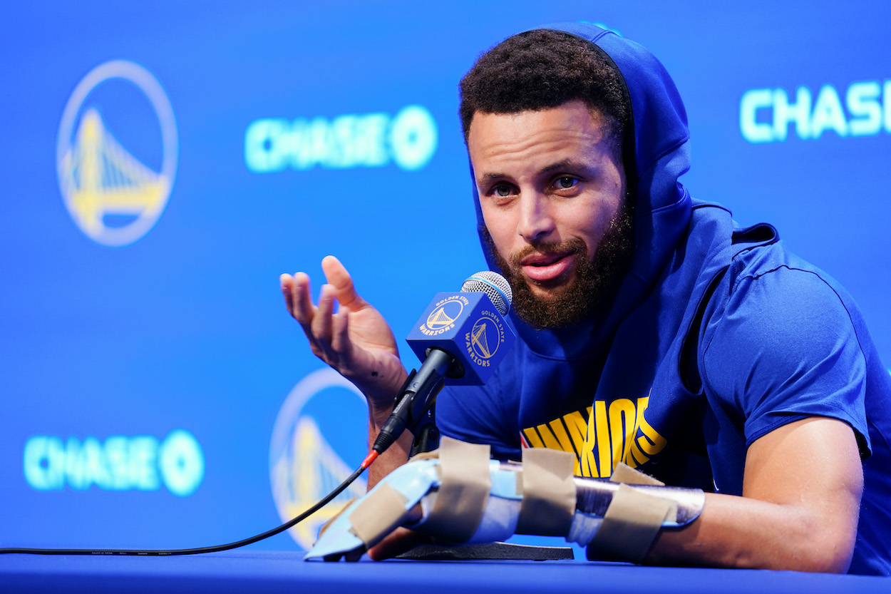 Stephen Curry of the Golden State Warriors speaks to the media during a press conference.