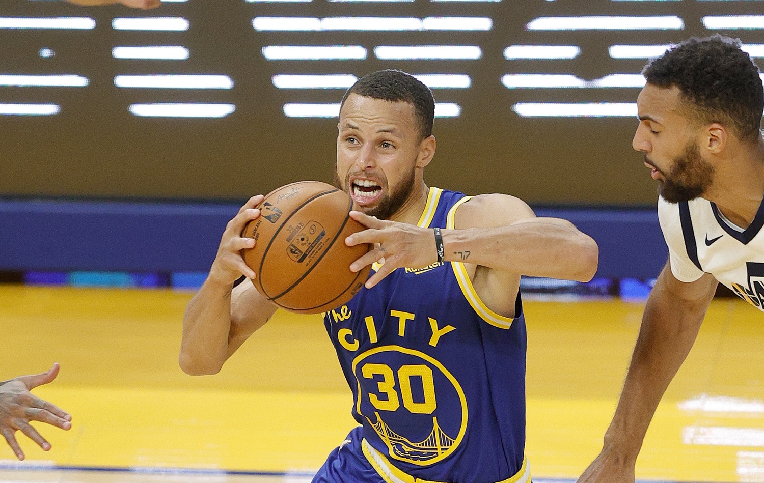 Stephen Curry of the Golden State Warriors in action against the Utah Jazz on May 10, 2021, in San Francisco,