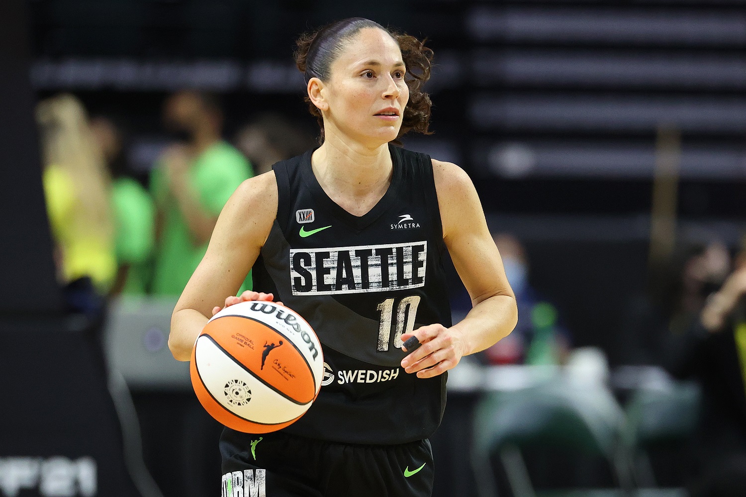 Sue Bird of the Seattle Storm brings the ball up the court against the Las Vegas Aces on May 15, 2021, in Everett, Washington.