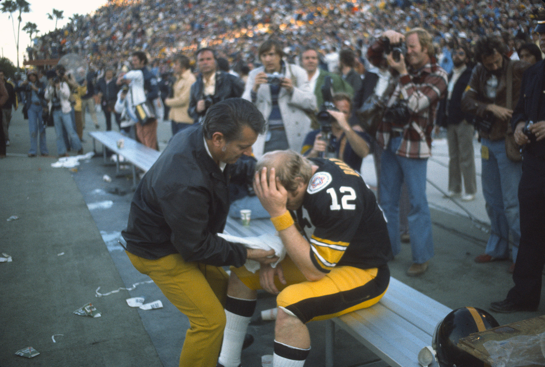 Pittsburgh Steelers quarterback Terry Bradshaw on the bench during Super Bowl 10.