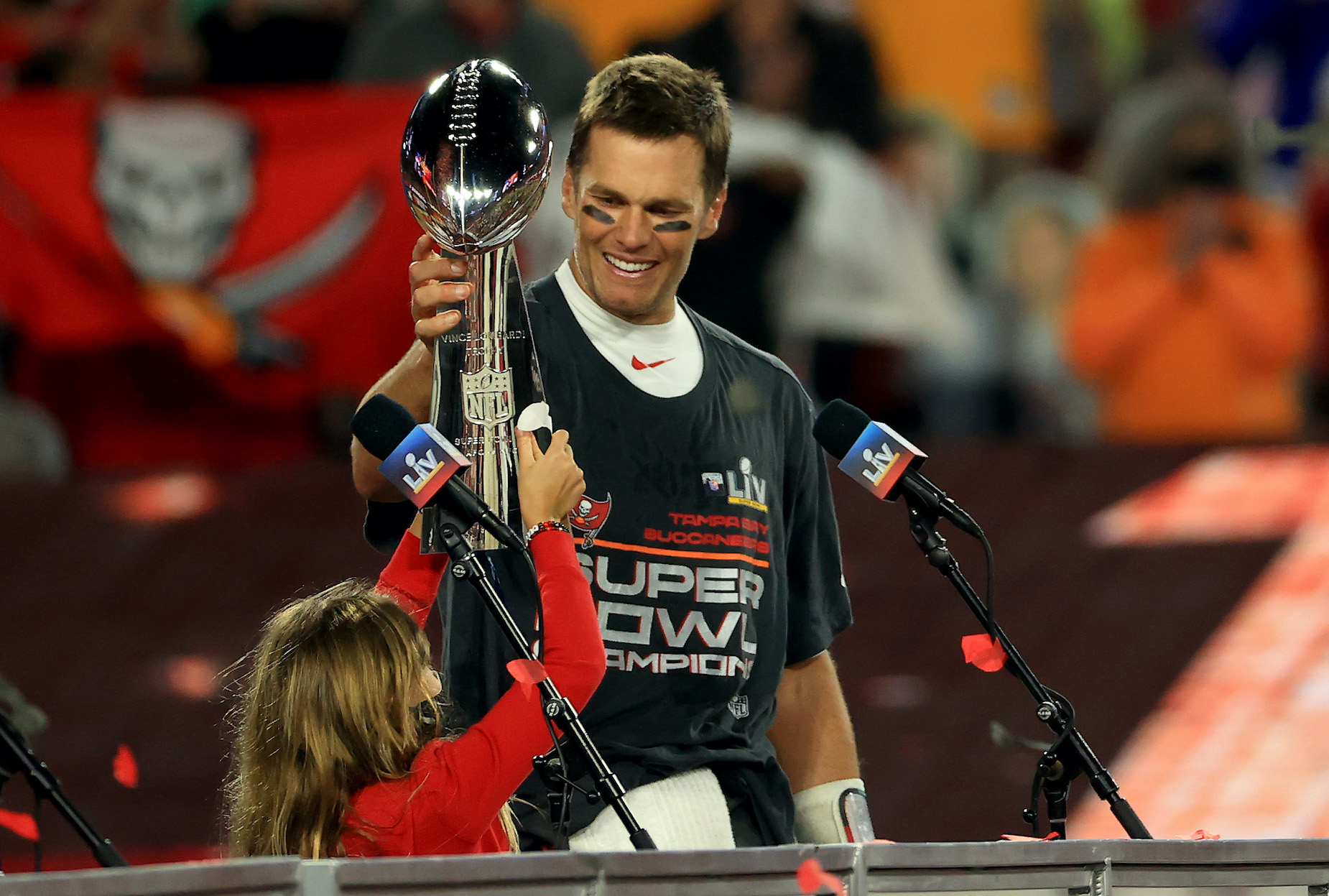 Tom Brady lifts the Lombardi Trophy after winning the Super Bowl in February 2021.