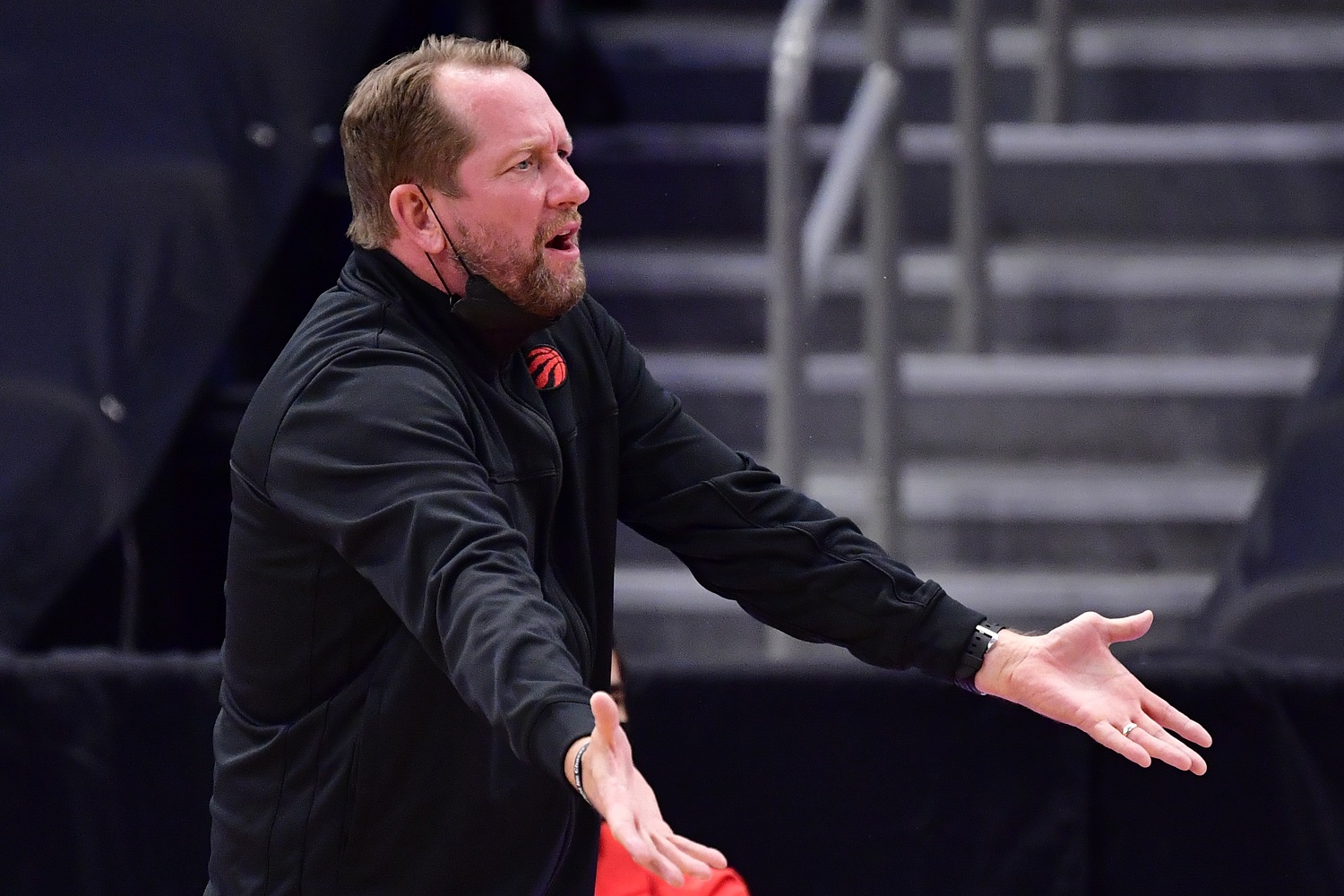 Toronto Raptors coach Nick Nurse reacts during the second quarter against the Brooklyn Nets on April 21, 2021 in Tampa.