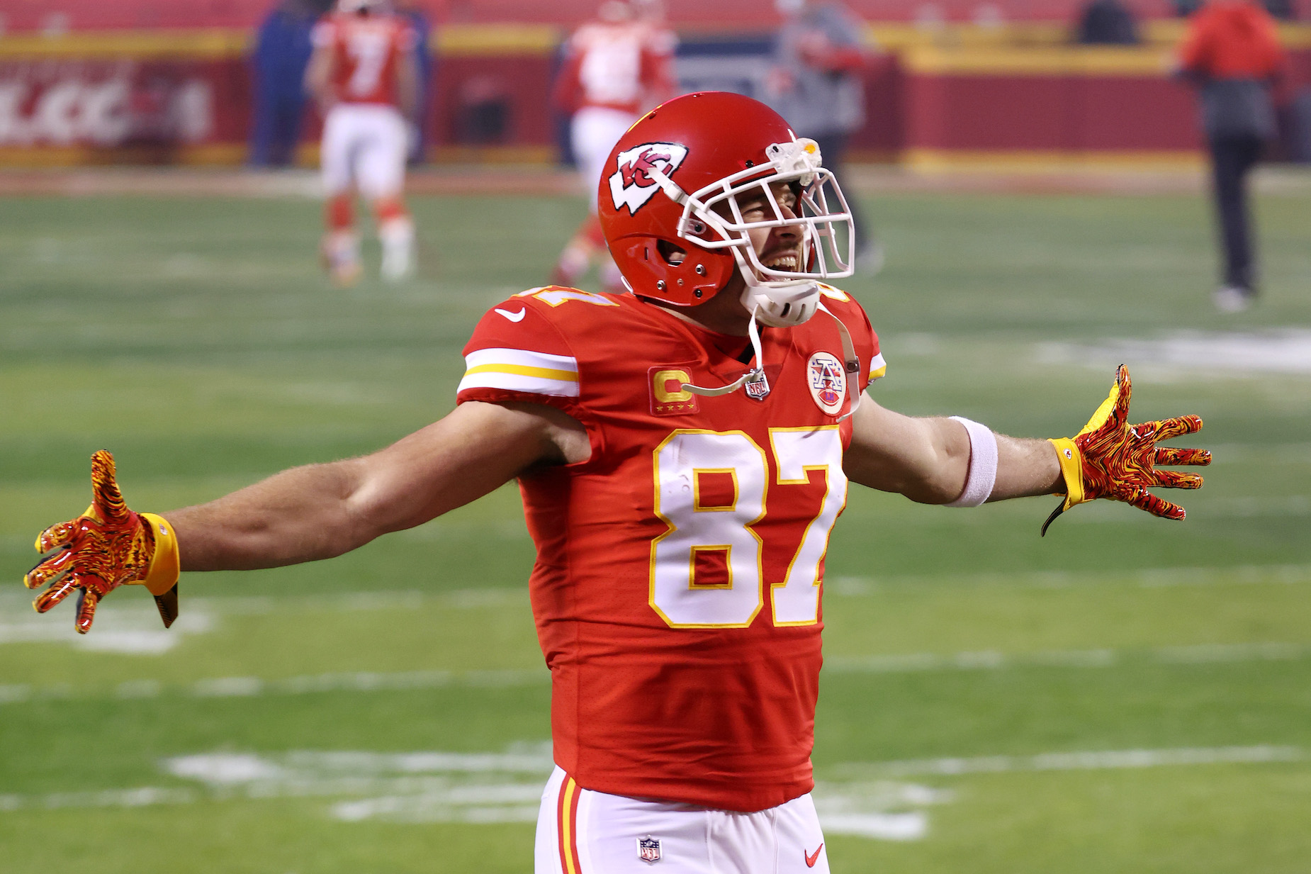 Tight end Travis Kelce reacts on the field during a Kansas City Chiefs game.