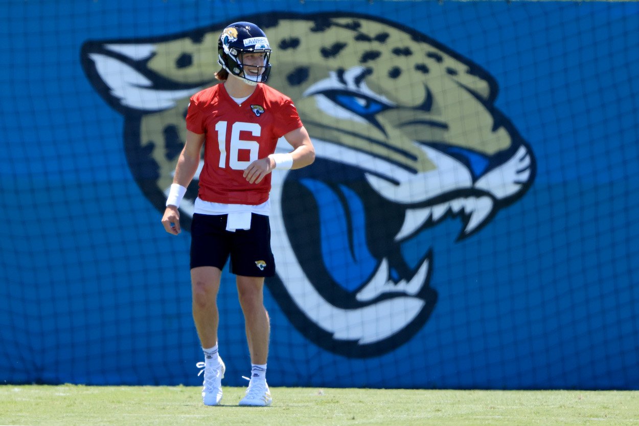 Trevor Lawrence of the Jacksonville Jaguars participates in drills during Jacksonville Jaguars Training Camp at TIAA Bank Field on May 15, 2021 in Jacksonville, Florida.