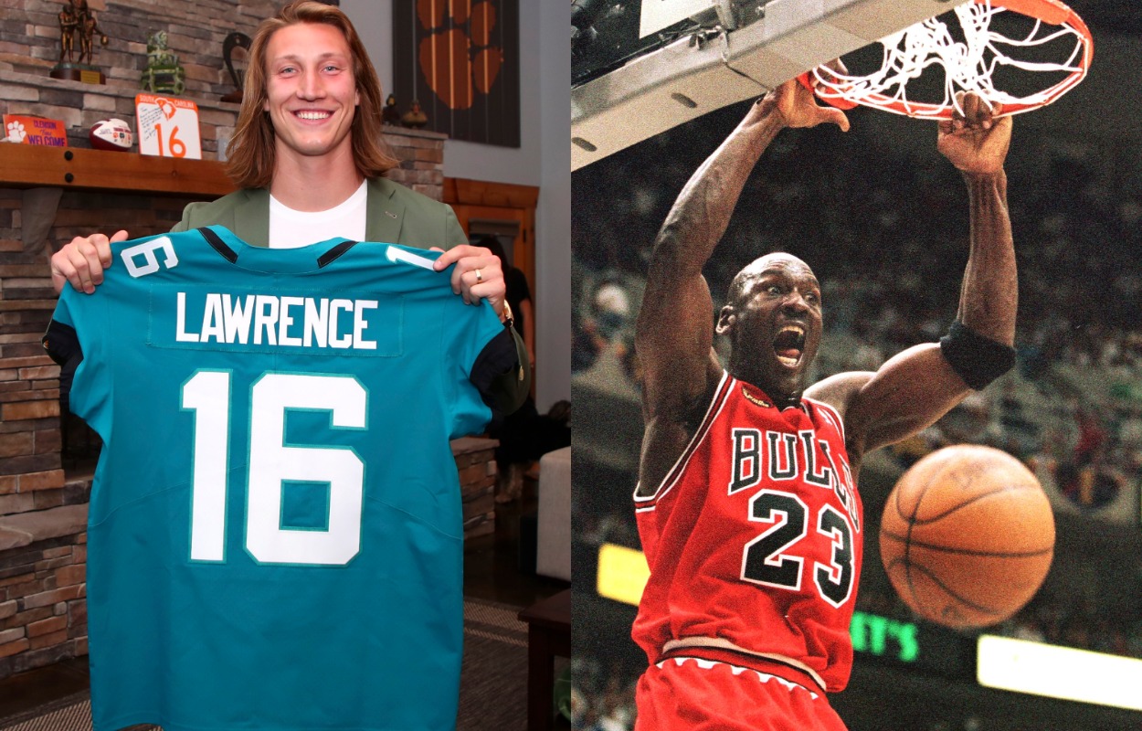 Jacksonville Jaguars quarterback Trevor Lawrence (L) and NBA legend Michael Jordan.