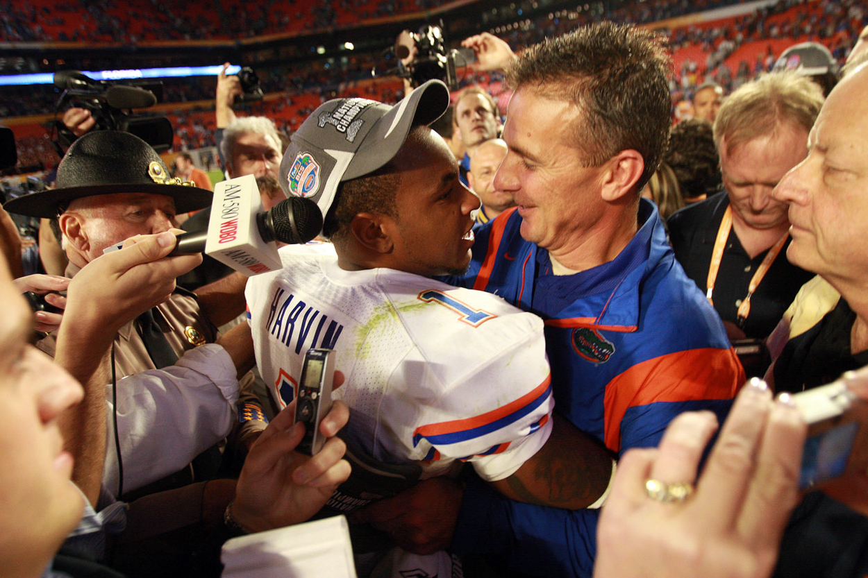 Percy Harvin (L) and Urban Meyer in January 2009.