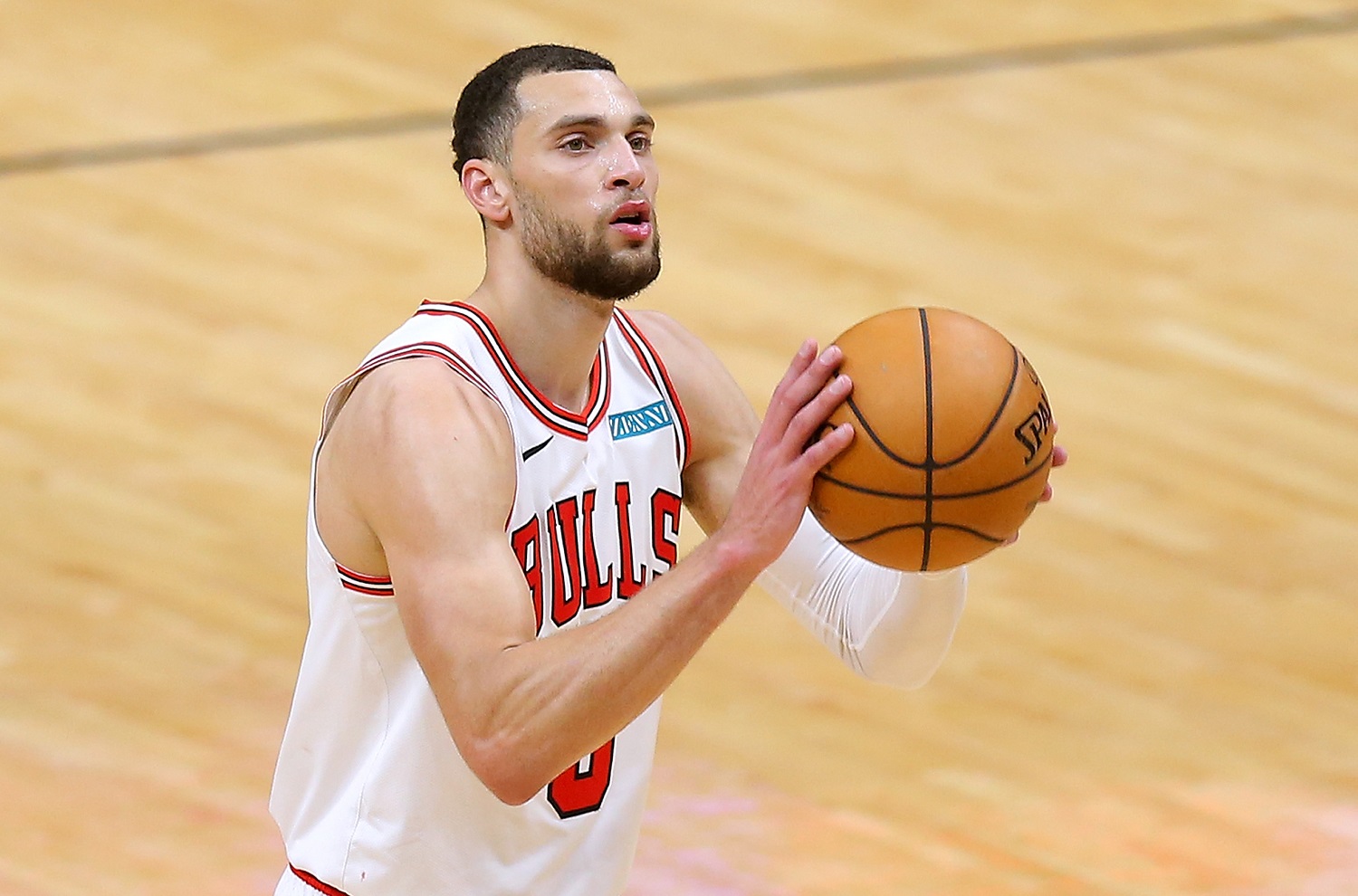 Zach LaVine of the Chicago Bulls shoots against the New Orleans Pelicans during the second half on March 3, 2021 in New Orleans.